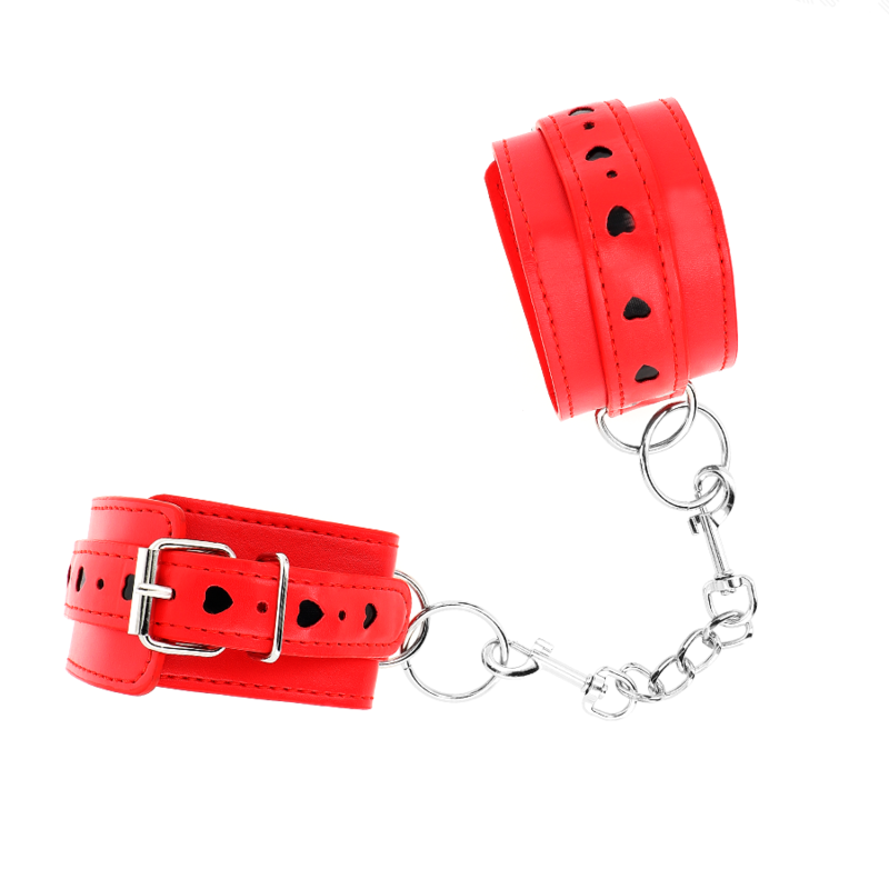 KINK - ROTE HANDGELENKFESSELN MIT SCHWARZEM HERZ-INLAY VERSTELLBAR 21-28 CM X 5,5 CM