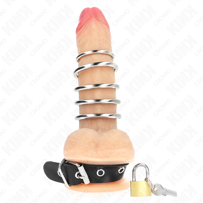KINK - LEDER-PENISRING MIT VERRIEGELUNGSBAND 21 X 2 CM UND 5 METALLRINGEN VON 3 CM BIS 4 CM