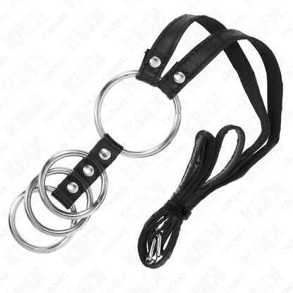 KINK - 4 VERBUNDENE METALL-PENISRINGE 3,8 CM BIS 5 CM MIT LEDERGÜRTEL 112 CM