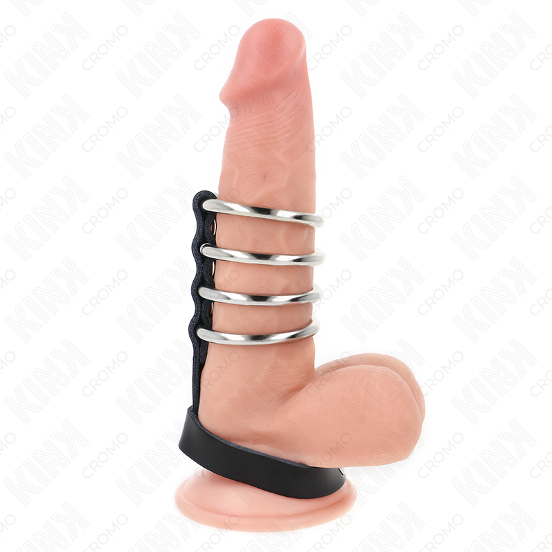 KINK - 4 METALL-PENISRINGE 3,8 CM VERBUNDEN MIT LEDERBAND 22 X 1,5 CM UND DRUCKVERSCHLUSS