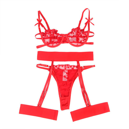 SUBBLIME - 954338 HEART PRINT BRA + THONG + GARTER BELT RED L/XL