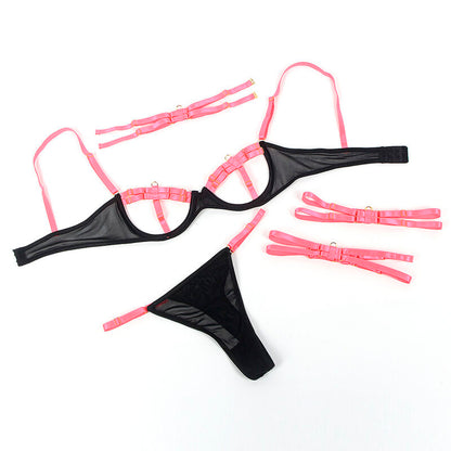 SUBBLIME - 955304 BRA SET WITH NECKLACE AND LEG DETAILS FLUORESCENT PINK L/XL