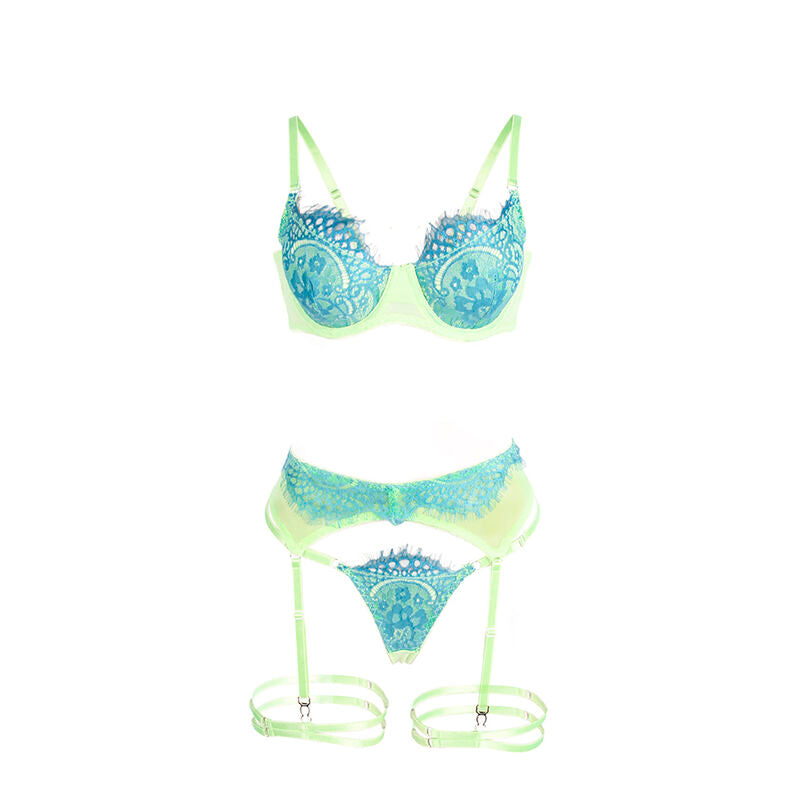 SUBBLIME - 955328 BRA SET WITH LACE AND GARTER LINES GREEN AND BLUE L/XL
