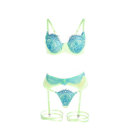 SUBBLIME - 955328 BRA SET WITH LACE AND GARTER LINES GREEN AND BLUE L/XL