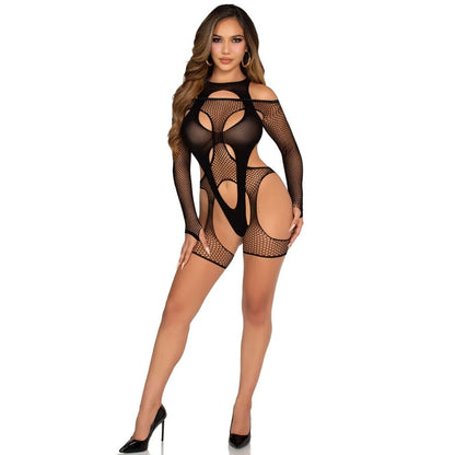 LEG AVENUE - NETZ-Bodystocking mit Strapsgürtel und Harness, Schwarz